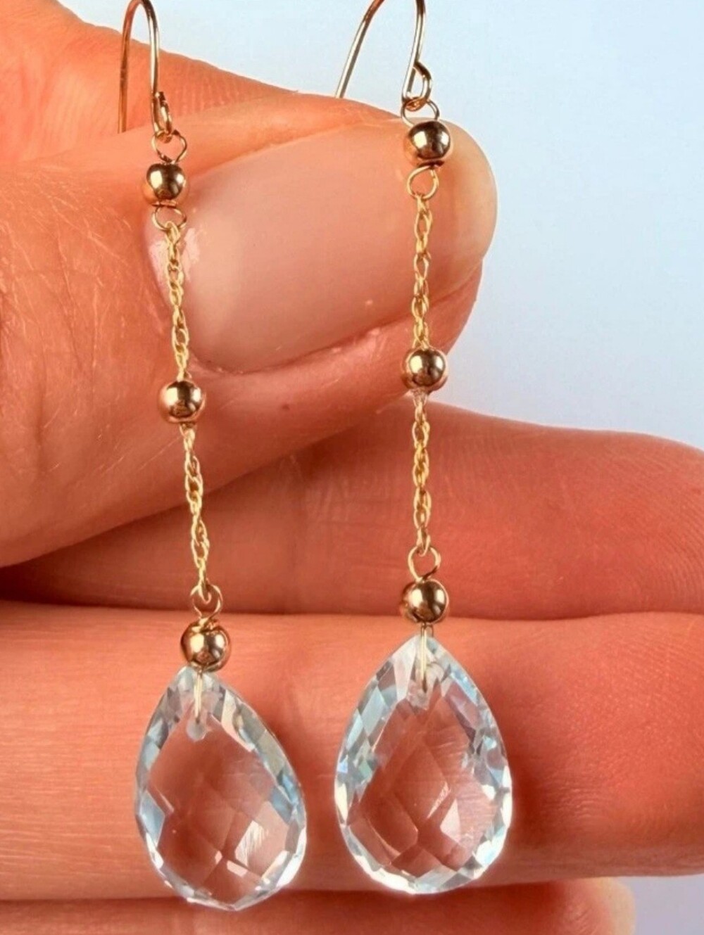 14K Solid Yellow Gold 5.5 CT Sky Blue Topaz 1.8" Drop Chain Earrings Brand New